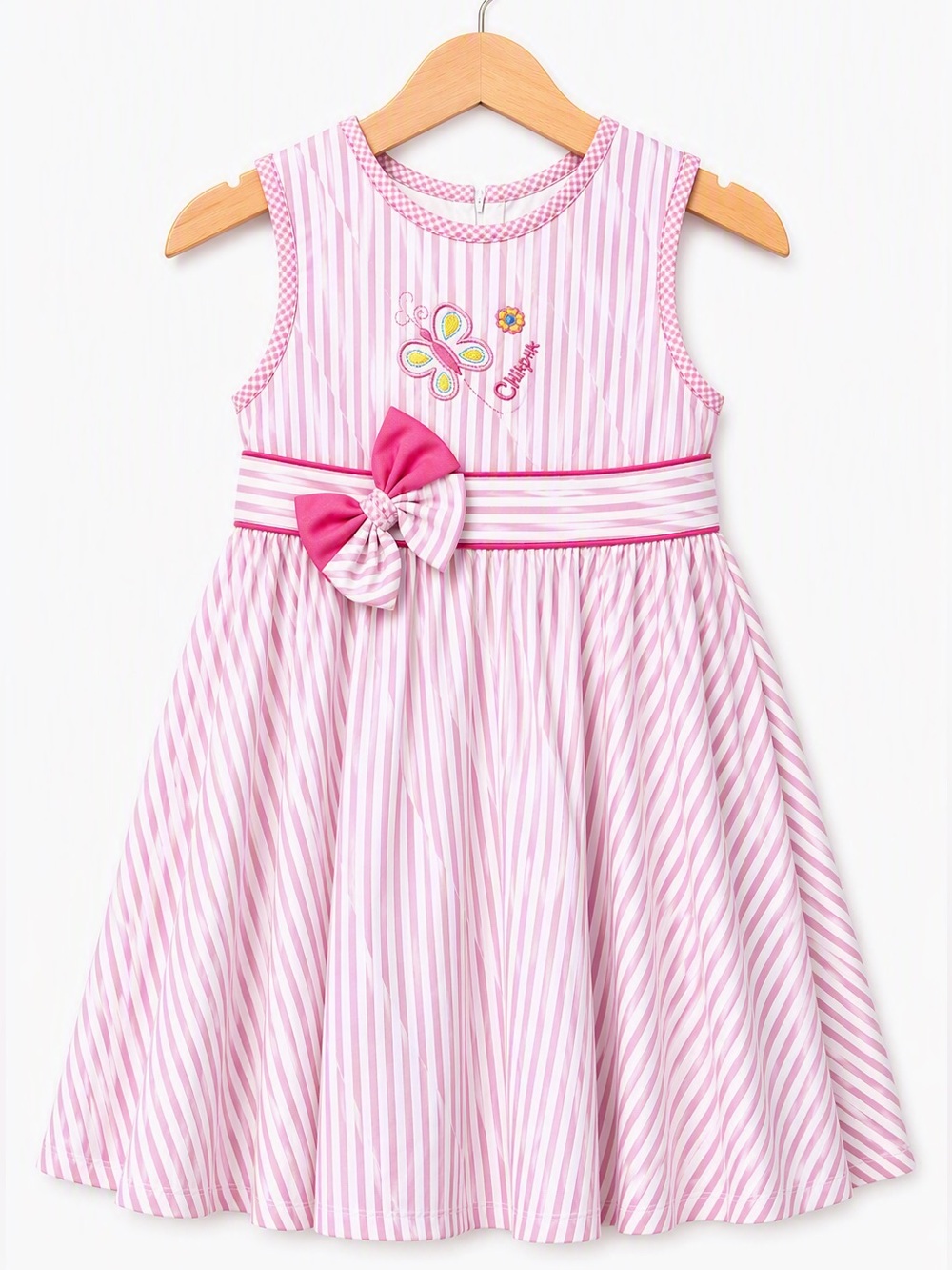 NWT Vintage Chiap Ha Pink White Striped Butterfly Embroidered Dress Bow 3/4T